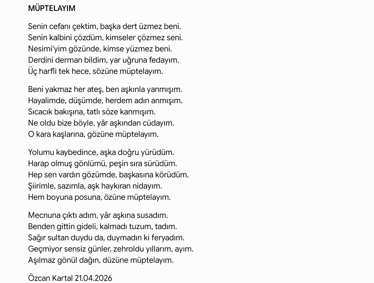 Özcan Kartal'dan Yürekleri Dağlayan Yeni Şiir: "Müptelayım"
