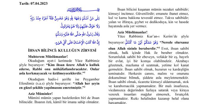 İHSAN BİLİNCİ: KULLUĞUN ZİRVESİ 07 Nisan 2023 tarihli Cuma hutbesi