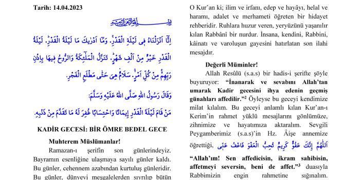 KADİR GECESİ: BİR ÖMRE BEDEL GECE 14 Nisan 2023 tarihli Cuma hutbesi - Nisan KUMRU